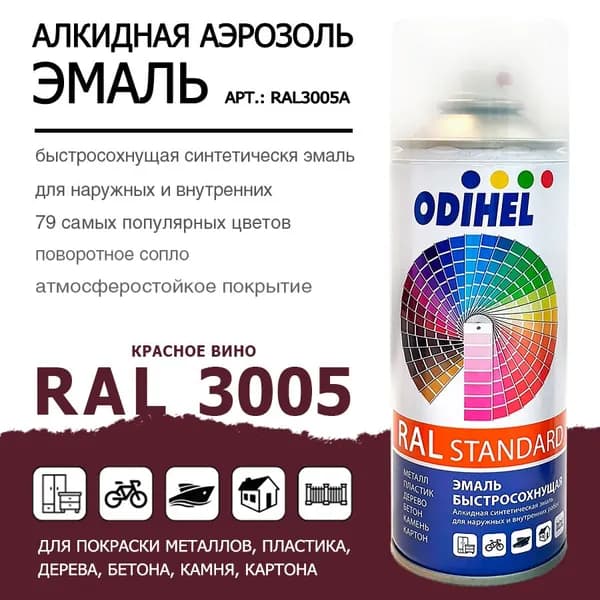 Аэрозоль эмаль (спрей) алкидная ODIHEL RAL3005 Красное вино 520мл