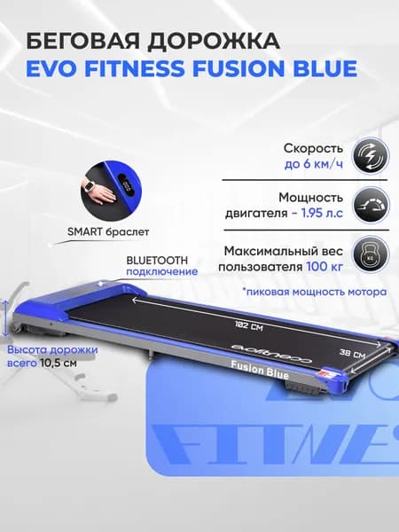Беговая дорожка EVO FITNESS Fusion Blue, электрическая, без поручней, пульт ДУ. Товар уцененный