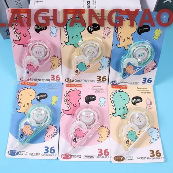 Корректор-лента с рисунком динозавра, 36 м, прозрачный корпус, для школьников: желтый, красный, синий