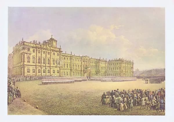 Санкт-Петербург. Парад гвардейских полков около Зимнего дворца. Антикварная офсетная литография, СССР, 1970 г