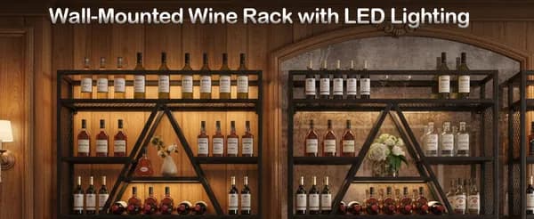 Настенная винная полка с LED-подсветкой, металлическая подставка для бутылок и бокалов длиной 39,4 дюйма, А-образная барная кухни, бара, кафе, фон винной полки (черная, 39,4 * 5,9 * 31,5