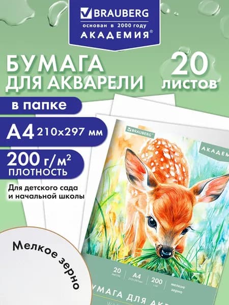 Бумага для акварели белая, для рисования А4, набор 20 листов в папке, 200 г/м2, Brauberg Академия Олененок