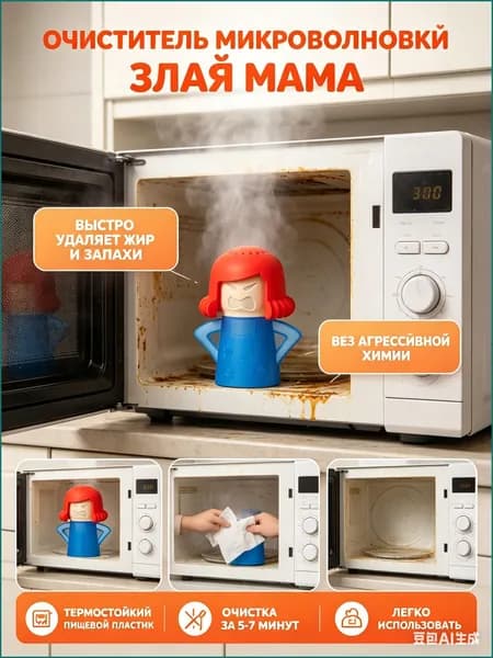 Очиститель для микроволновой печи Angry Mama, Паровой стерилизатор для СВЧ печи и духовки - Аксессуар для кухни для удаления жира и запаха Злая мама.