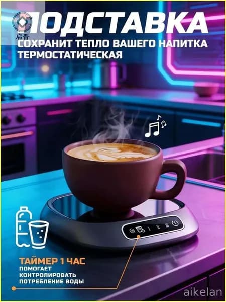 Умная термоподставка для кружки с 3 режимами нагрева. Подогревает чай, кофе, молоко. Таймер питья, автоотключение, для любой посуды. Серебристая