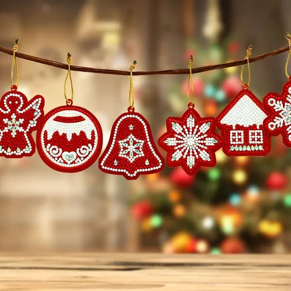 Алмазная мозаика набор 10 новогодних подвесок красной тематики, полный комплект DIY, семейное творчество, декор и подарок на праздник, детское искусство