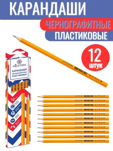 Карандаш простой чернографитный пластиковый твердо-мягкий. Набор 12 штук