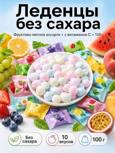 Леденцы без сахара мятно-фруктовые с витамином C, ассорти вкусов, 100 г