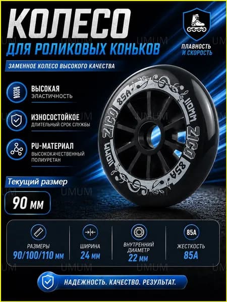 Колеса для роликовых коньков 90/100/110 мм, PU, 85A
