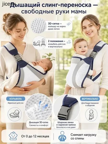 Дышащая переноска слинг для новорожденных, летний эргорюкзак кенгуру из сетки (серый) - детская сумка-слинг для укачивания малыша от 0 месяцев, 2 положения.