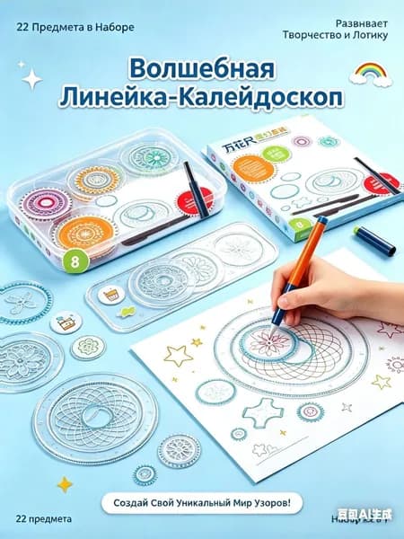 Набор развивающих линеек-трафаретов "Калейдоскоп" для рисования узоров, 22 предмета. Детский многофункциональный спирограф для творчества, обучения и развития мелкой моторики.