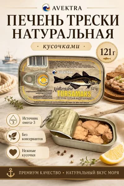 Печень трески натуральная кусочками, Эстония, 121 г