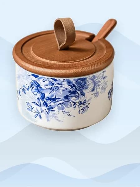 Керамическая солонка с крышкой и ложкой, - Китайские цветы