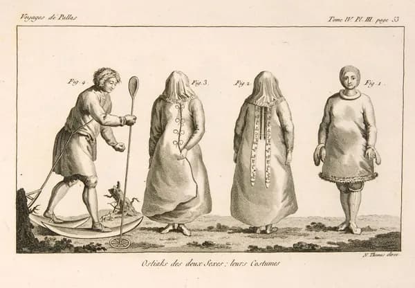 Антикварная гравюра. Остяки, или ханты в национальных костюмах. 1793 год.