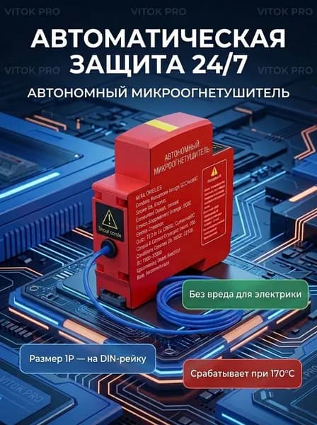 Автоматический огнетушитель для электрощита аэрозольный самосрабатывающий на DIN-рейку 1P VITOK PRO DGM-1P для распределительного щитка и шкафов, 10г/20г/30г/40г