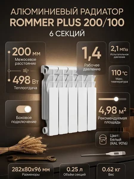 Радиатор алюминиевый Rommer Plus 200/100 6 секций, боковое подключение, белый