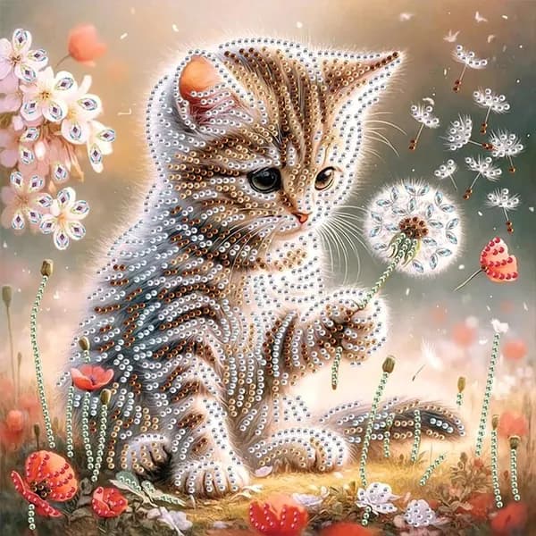 Частичная выкладка стразами Одуванчик с котёнком из смолы, 30 30 см