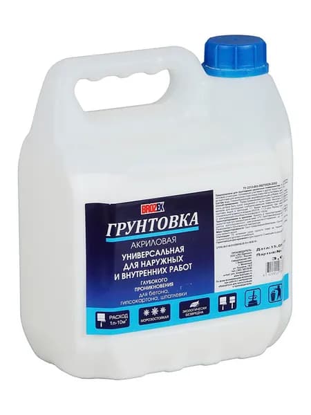 Грунтовка акриловая BROZEX для внутренних и наружных работ, глубокого проникновения, 3 литра. Концентрат 1:1.