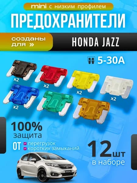 Предохранители для Honda Jazz (Хонда Джаз) / автомобильный набор Мини с низким профилем, 12 штук с пинцетом / флажковые 5-30 А