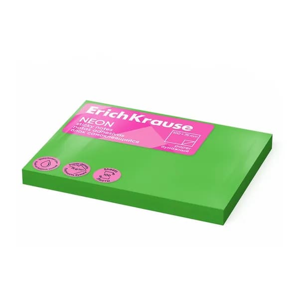 Блок самоклеящийся бумажный, 100х75 мм, 100 листов, зеленый