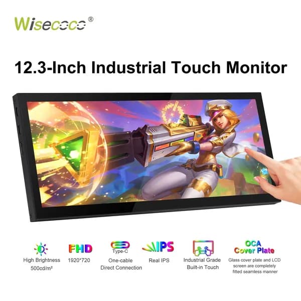 Wisecoco Пиксельный экран 12.3"Портативный сенсорный монитор,1920x720 FHD IPS,HDMI+ Type-C,для ноутбука ПК температура Aida64 GPU CPU RAM мониторинга, черный матовый, хаки