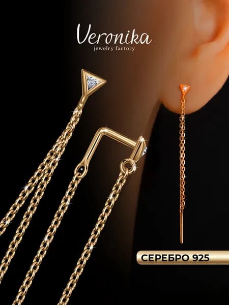 Серьги продевки серебро 925 с фианитами Veronika jewelry factory