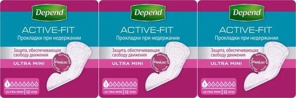Урологические прокладки Depend Ultra Mini, комплект: 3 упаковки по 12 шт