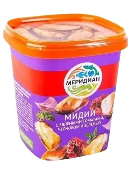 Мидии Меридиан с вялеными томатами чесноком и зеленью в масле охлажденные 270 г
