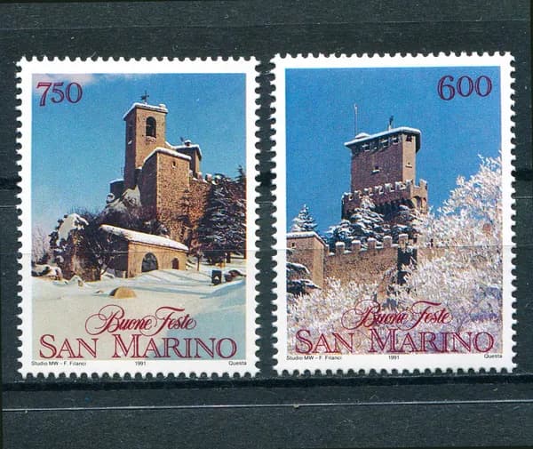 Сан-Марино 1991 г. Рождественский выпуск. Древняя крепость. Серия из 2 марок. Негашеная