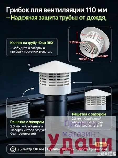 Грибок для вентиляции, колпак на трубу 110 мм-Зонт вентиляционный пластиковый, для канализации и вытяжки.