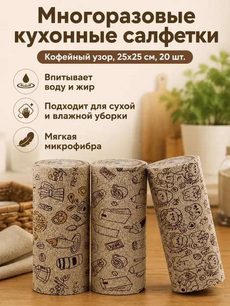 Салфетки для уборки hand-tear-cloth, Кофейный с принтом, 25x25 см, 20 шт., 25x25x0 см, 20 шт.
