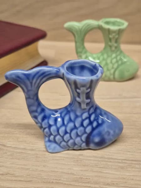 Подсвечник для церковной тонкой свечи керамический синий (рыбка)