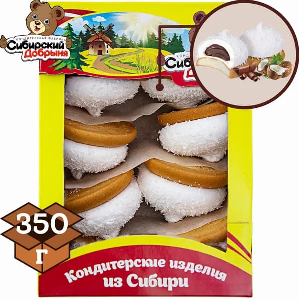 Пирожные бисквитные КОРОЛЕВСКИЙ КОКОСИК с суфле и начинкой со вкусом шоколада, 350 г / мишка в малиннике / Сибирский добрыня