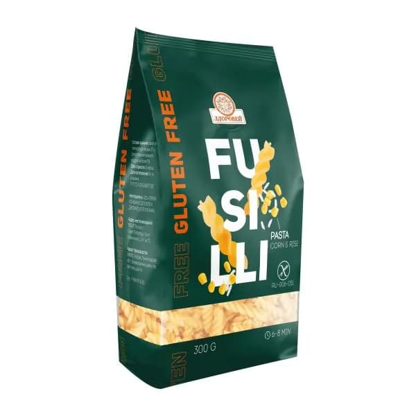Макароны Здоровей из кукурузы и риса Fusilli спиральки без глютена 300г