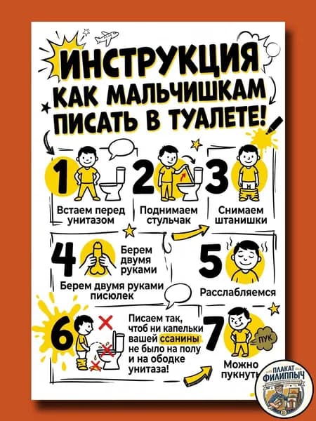 Постер инструкция прикол "Как мальчикам писать в туалете" - 20х30см (без рамки)