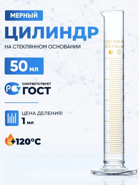Цилиндр мерный 50 мл (без поверки), (термостойкое боросиликатное стекло Boro 3.3), Лаборио