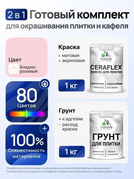 Комплект Malare LIPPO для окрашивания плитки и кафеля (1кг грунт + 1 кг краска), акриловый, без запаха, быстросохнущий, матовый, цвет бледно-розовый