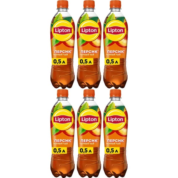Холодный чай Lipton черный персик 500 мл, набор: 6 штук