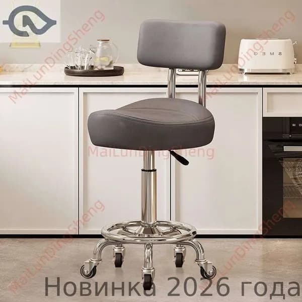 Ортопедический стул, Искусственная кожа, Модель без подножки, со спинкой, серый цвет, с бесшумными резиновыми колёсами