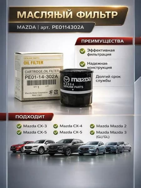 Масляный фильтр МАZDA 6 / CX-5 / 323 / RX-7 арт.PE0114302A, / Мазда 6 2012-, Мазда 3 2013-, Мазда СХ-5, Мазда СХ-9