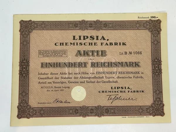 Ценная бумага Германия. Липсия Химический завод, 100 марок 1927 год. №90