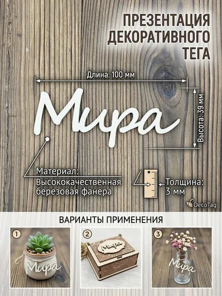 Мира Заготовка имя-тег из фанеры 3 мм, гладкая 10см длина