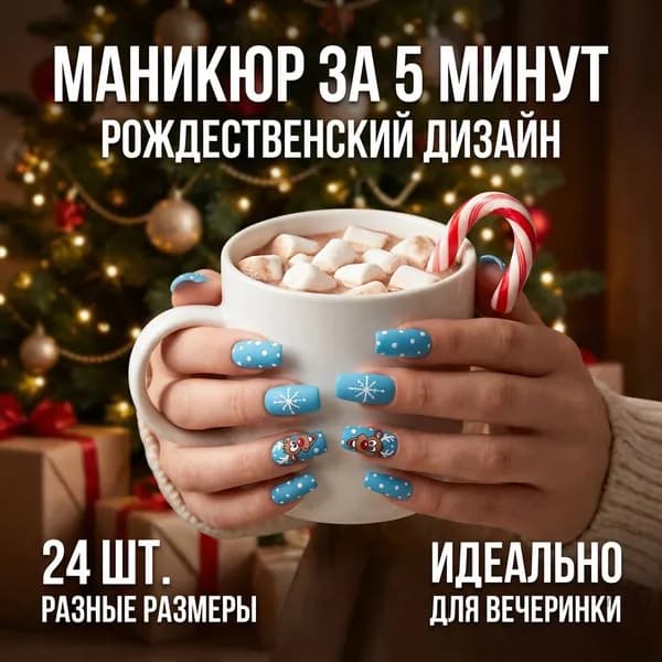 Накладные ногти матовые синие с рождественскими оленями 24 шт