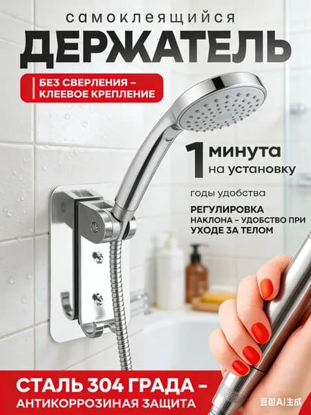 Держатель для лейки душа самоклеющийся настенный / крепление (кронштейн) для душевой лейки на стену