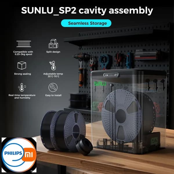 3D-принтер.SUNLU Герметичный бокс для сушки и хранения SP2, 2 бобины, Встроенный гигрометр, Постоянный обдув, 12В/1.5A