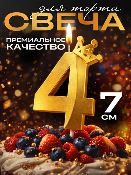 Свечи для торта цифры, свеча цифра 4, с короной, цвет золото