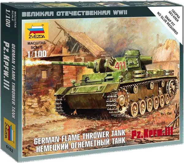 Сборная модель танка Немецкий огнеметный танк pz.kpfw.iii (fl) Звезда Арт.6162 Масштаб 1/100 (6,2 см)