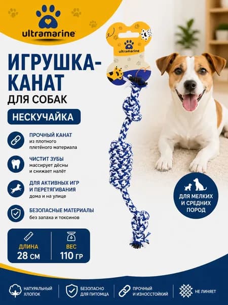 Игрушка канат для собак мелких и средних пород НЕСКУЧАЙКА, цвет синяя