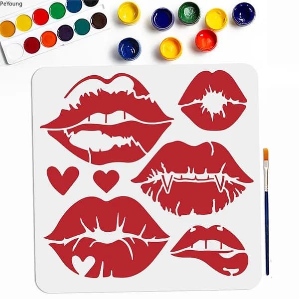 1 пакетик трафаретов для губ, большие трафареты для губ Kiss Lips Love Lips с кисточкой для рисования, многоразовые женские шаблоны для печати губ