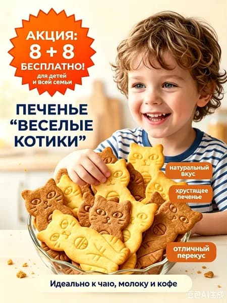 Печенье Веселые котики сырно-сливочное, акция 8+8бесплатно, печенье в форме котят, перекус к чаю
