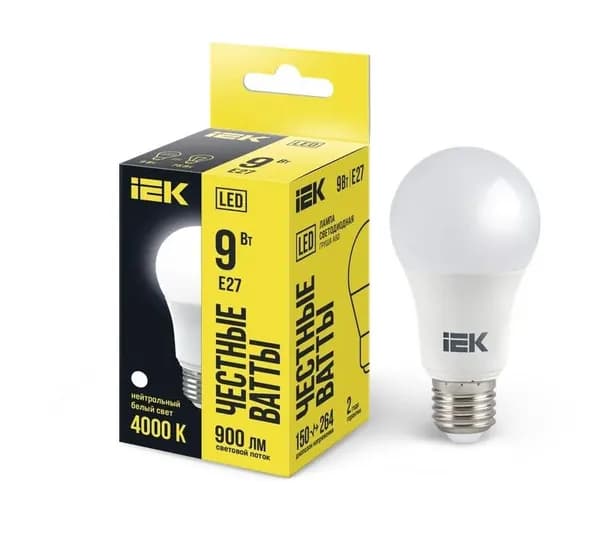 Лампочка светодиодная 9Вт Е27 А60 4000К нейтральный IEK (1шт)